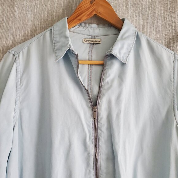 CALVIN KLEIN Chambray Denim Shirt Dress Roll-up Sleeve Zip Up Drawstring *READ - Picture 6 of 10